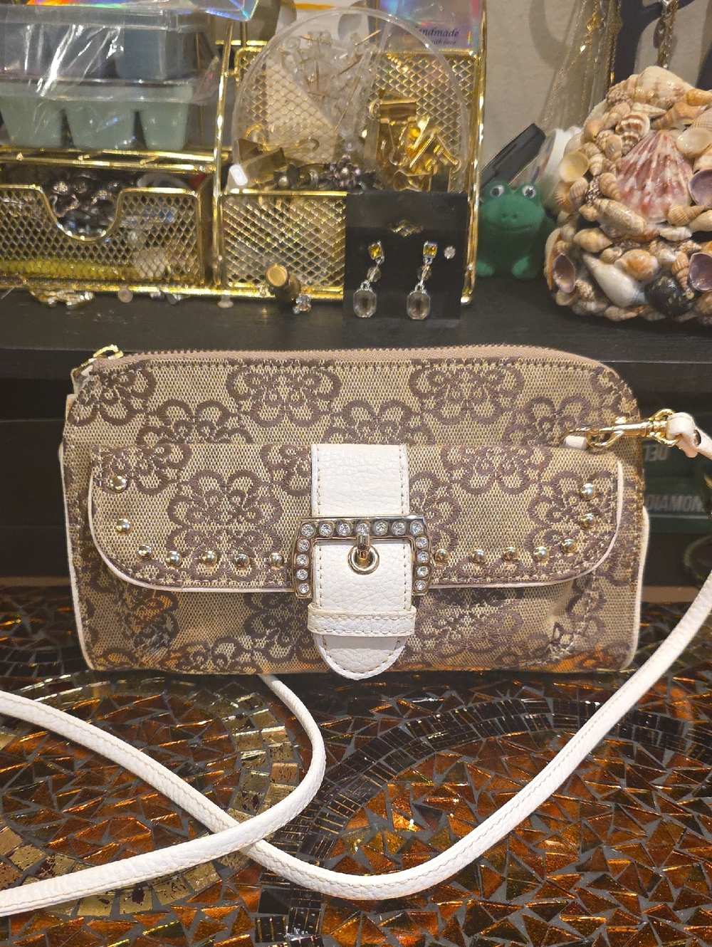 Kathy Van Zeeland Beige Floral Crossbody with White Trim and Crystal Buckle